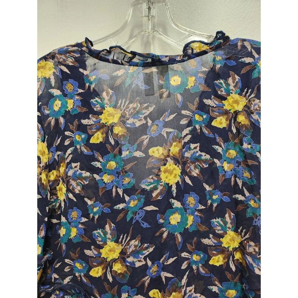 Meadow Rue by Anthropologie‎ Womens Peasant Top Medium Blue Floral Embroidered